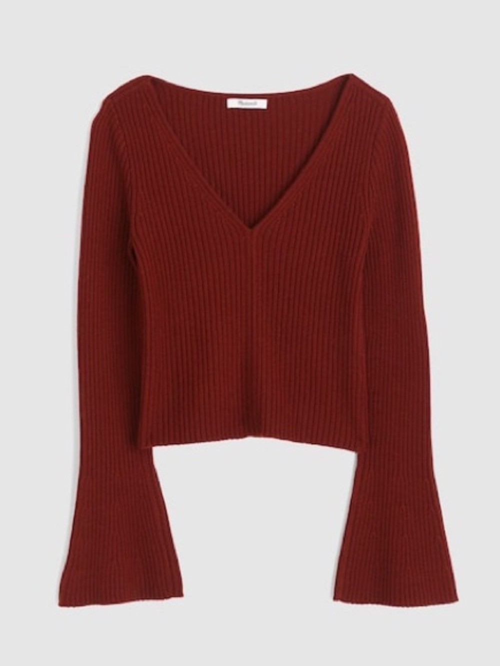 Madewell Maroon Red Ribbed V-Neck Crop Sweater Top Merino Wool Flare Sleeves XL